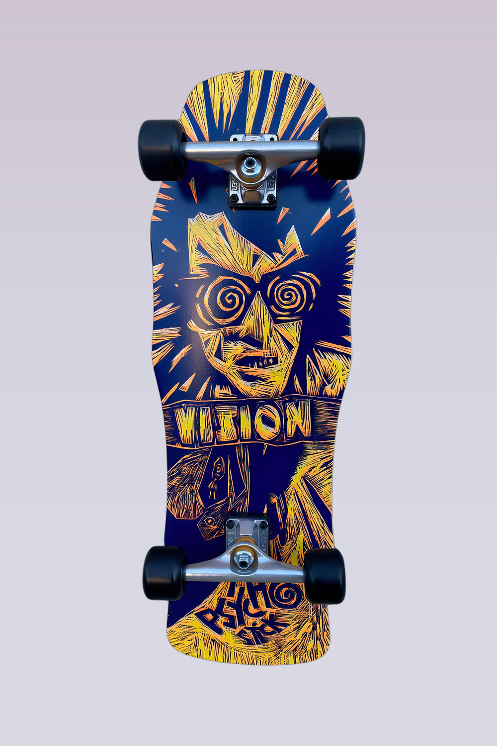 Original Psycho Stick Complete Skateboard - Woodcut Art by Sean Starwars - 10"x30" - Blue/Yellow