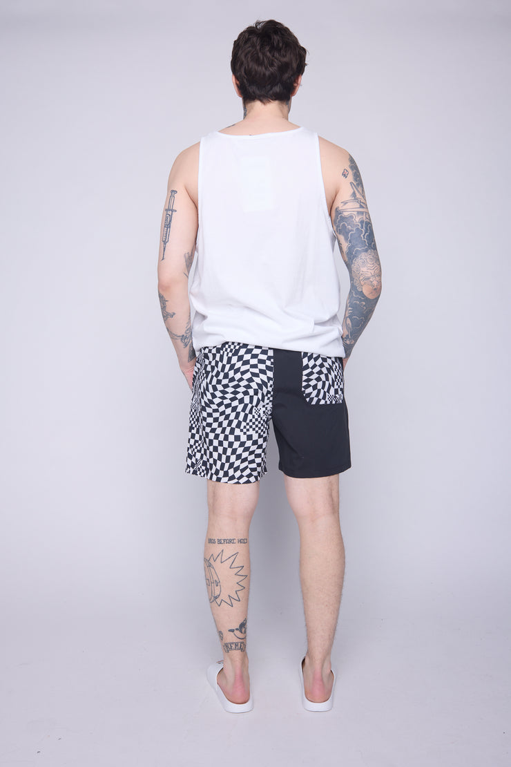 Checker/Logo Asymmetrical Swim Shorts - Ivory
