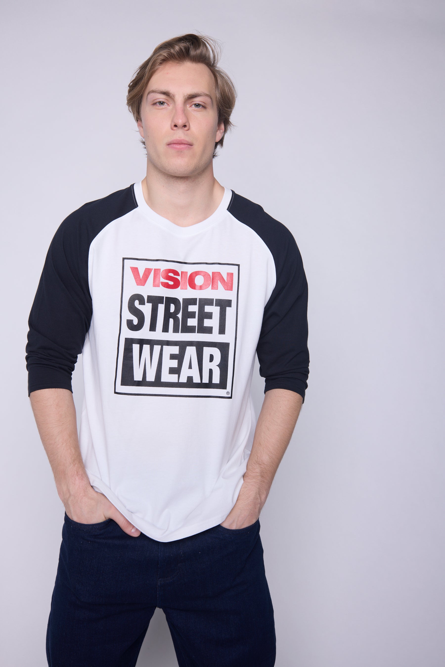 Vision Street Wear 3/4 Raglan Sleeve Box Logo Print Ivory